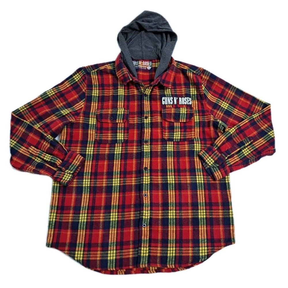 Guns N Roses Flannel Hooded Shirt XL Red Yellow Rock Roll Axel Skulls Appetite - Picture 3 of 9